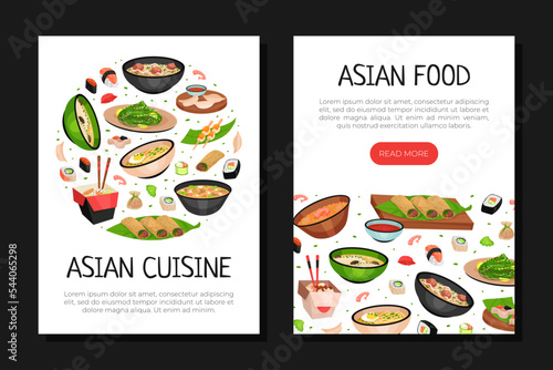 Asian Food Web Design with Noodles, Soup Bowl and Sushi Vector Template