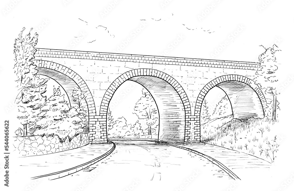 Drawing of classic stone aqueduct - black and white illustration