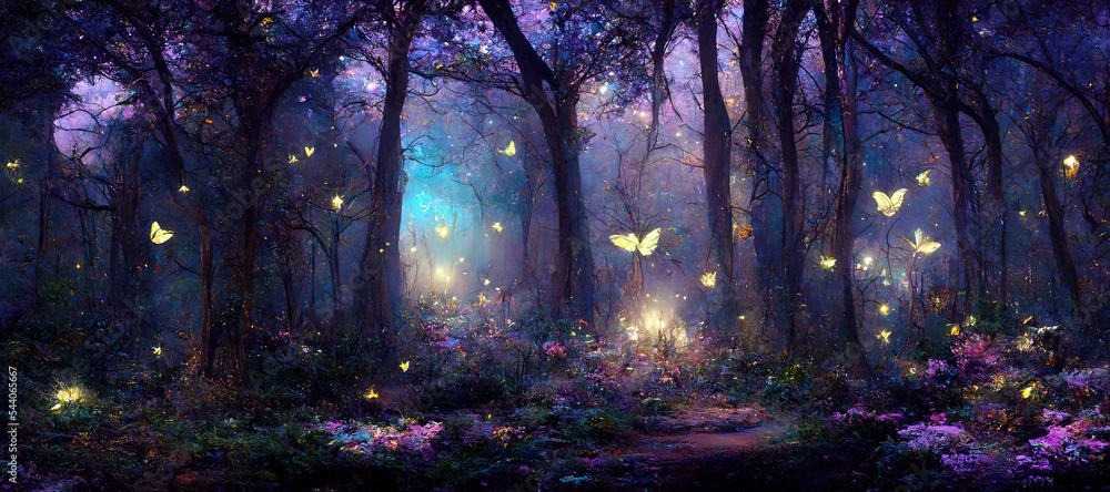 Obraz premium wide panoramic of fantasy forest with glowing butterflies. fantasy scenery.