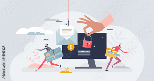 Data breach security attack and hacker fraud problem tiny person concept