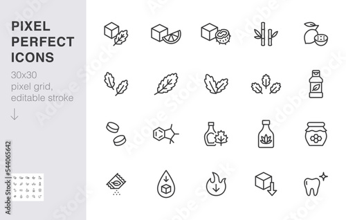 Sweeteners line icon set. Xylitol, cane sugar, fructose, maple syrup, stevia, agave, honey minimal vector illustration. Simple outline sign for sweet ingredients. 30x30 Pixel Perfect, Editable Stroke