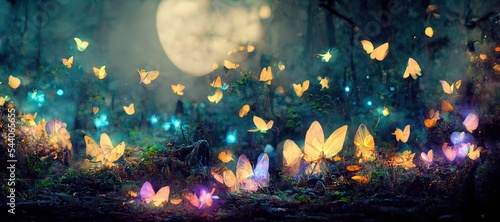 Valokuva wide panoramic of  fantasy forest with glowing butterflies