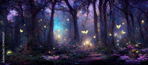 Photographie wide panoramic of  fantasy forest with glowing butterflies