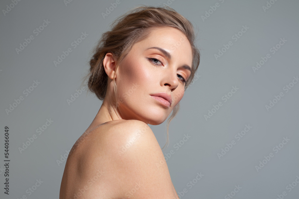 White beautiful woman on gray background White beautiful woman on gray background