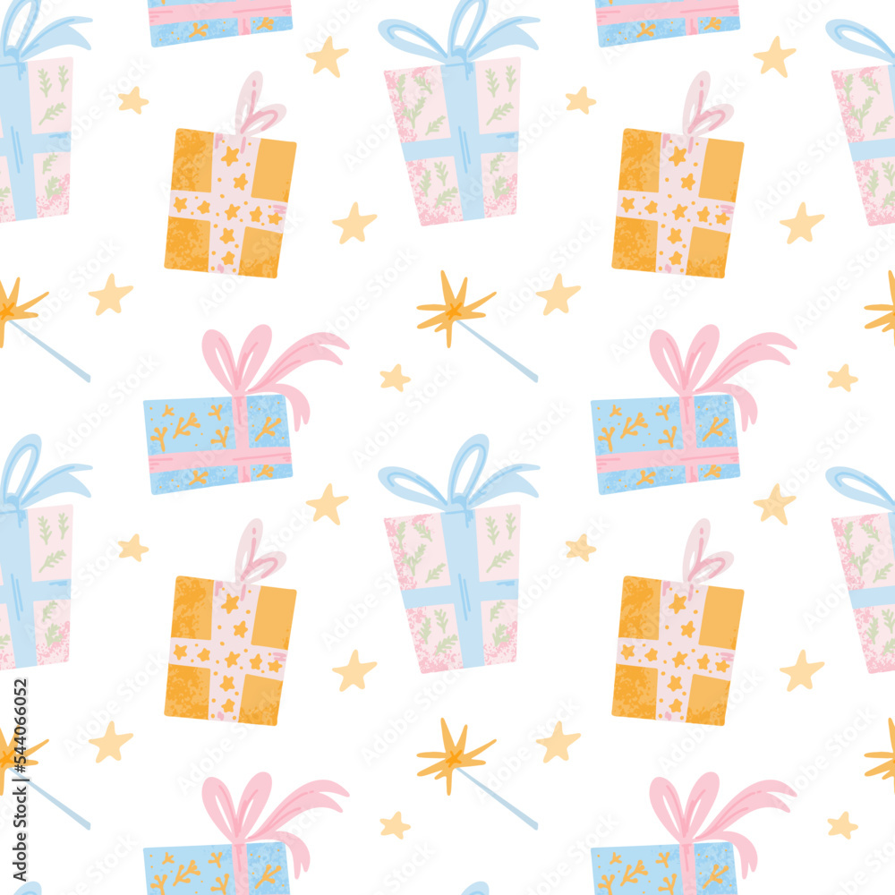 Seamless pattern with Christmas presents in flat style. Decorative vector seamless pattern with winter holidays gift boxes. Colorful illustration in modern flat style with dry brush texture. Seamless pattern with Christmas presents in flat style. Decorative vector seamless pattern with winter holidays gift boxes. Colorful illustration in modern flat style with dry brush texture.