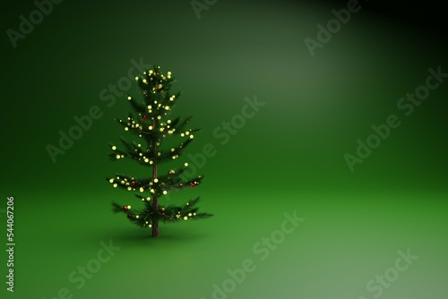 Green Christmas tree. christmas tree in green background, presentation, cosmetic. Merry Christmas, Xmas, new year, Happy Christmas, happy new year, 3D rendering