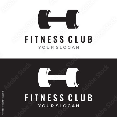 Creative dumbbell and barbell silhouette template logo. Dumbbells and barbells for gym, muscle training, club fitness, health, training.