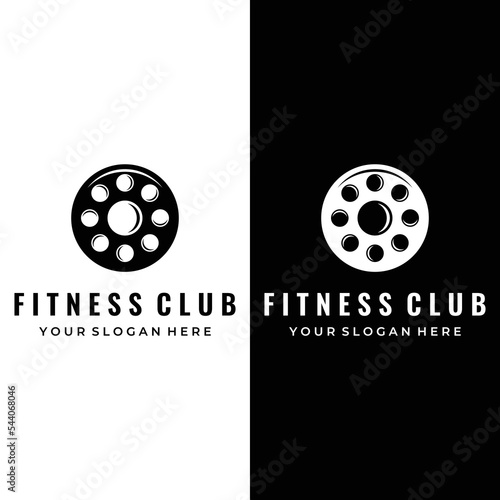 Creative dumbbell and barbell silhouette template logo. Dumbbells and barbells for gym, muscle training, club fitness, health, training.