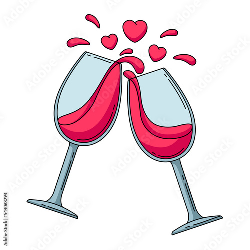 Happy Valentine Day illustration of heart glasses with wine. Holiday romantic love symbol.