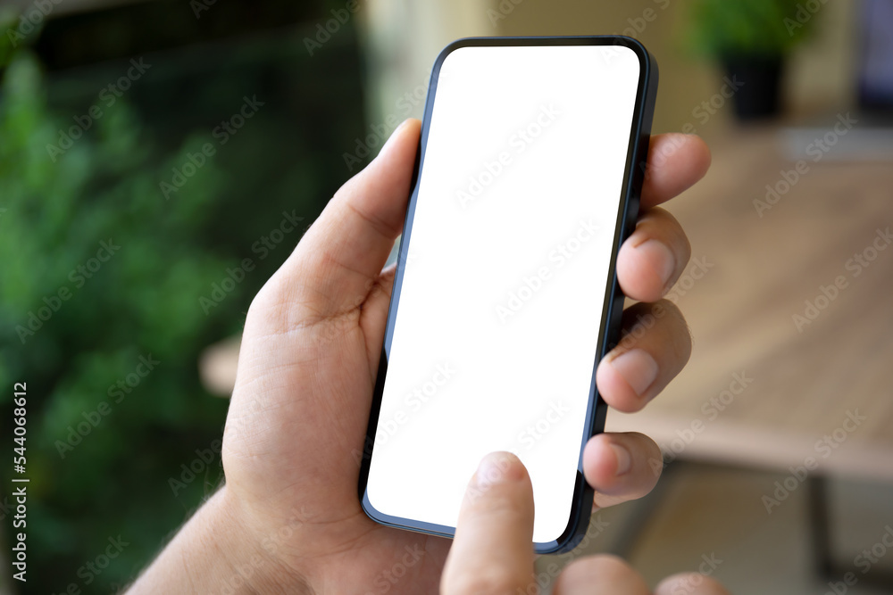 man hands hold phone with isolated screen on background cafe