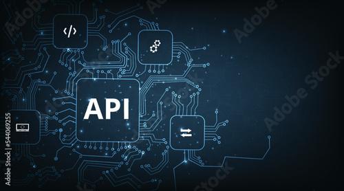 Application Programming Interface (API) concept. Software development tool, information technology, modern technology, internet and networking concept on dark blue background. photo
