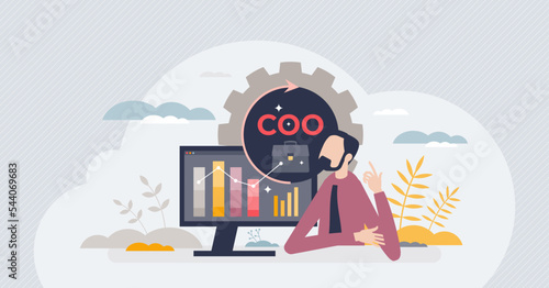 Chief operating officer or COO as company executive tiny person concept. Organization leader for daily tasks and commander for decisions vector illustration. Responsible businessman rank occupation.