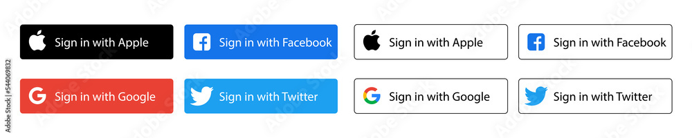Continue with Google, Facebook, Apple buttons set. Isolated website or app  sign in badges on white background. Authenticate user login with Google,  Facebook, Apple logos. Ui modern vector illustration Stock Vector
