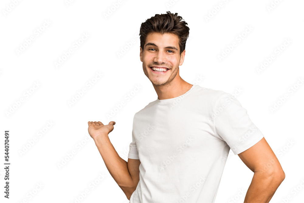 Young caucasian handsome man isolated showing a welcome expression. Young caucasian handsome man isolated showing a welcome expression.