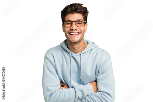 Young caucasian handsome man isolated laughing and having fun.