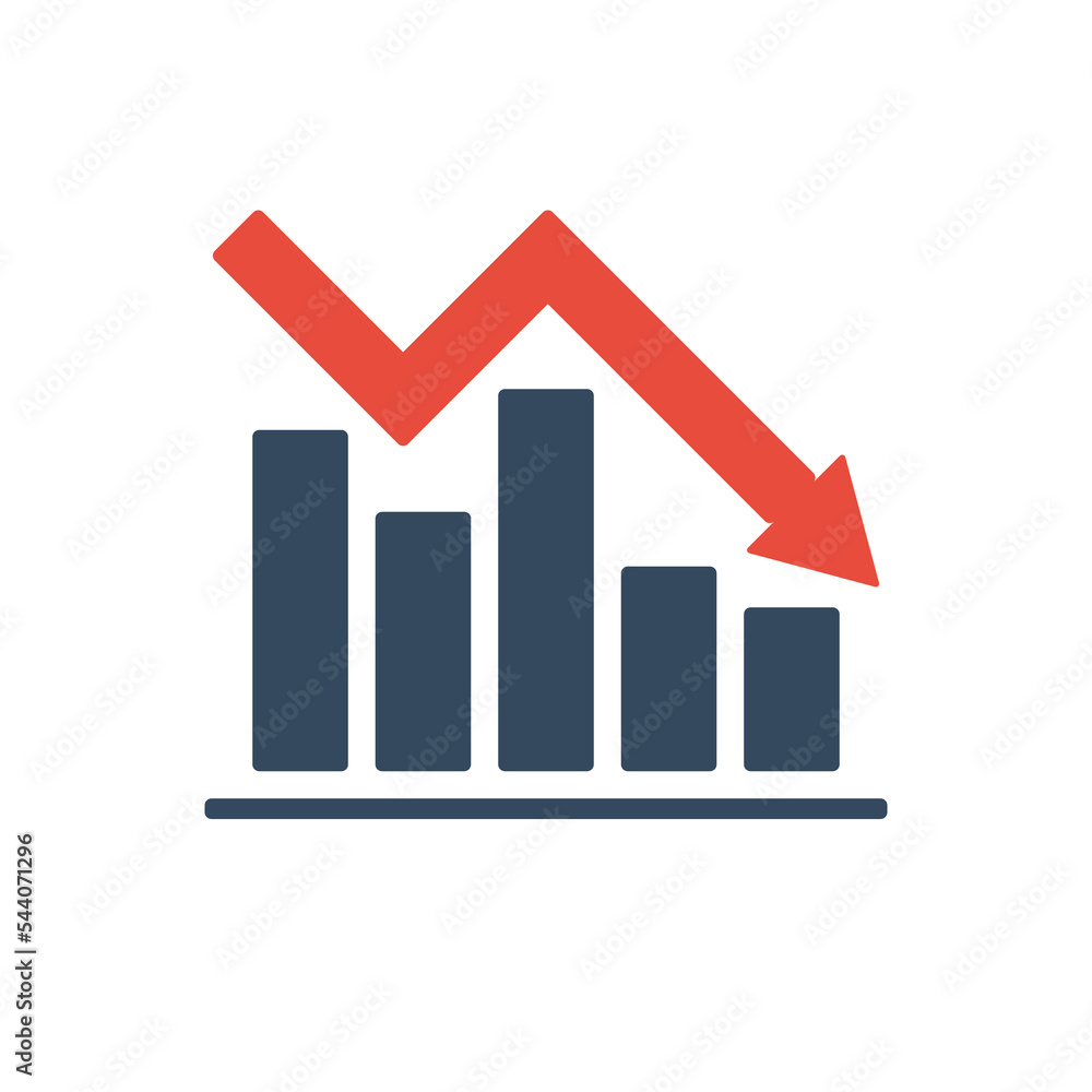 bar chart with falling trend and red arrow, negative or positive ...