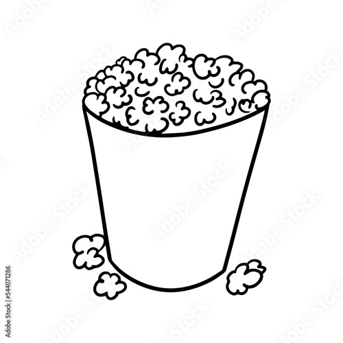 Monochrome image, large paper cup with popcorn, vector cartoon