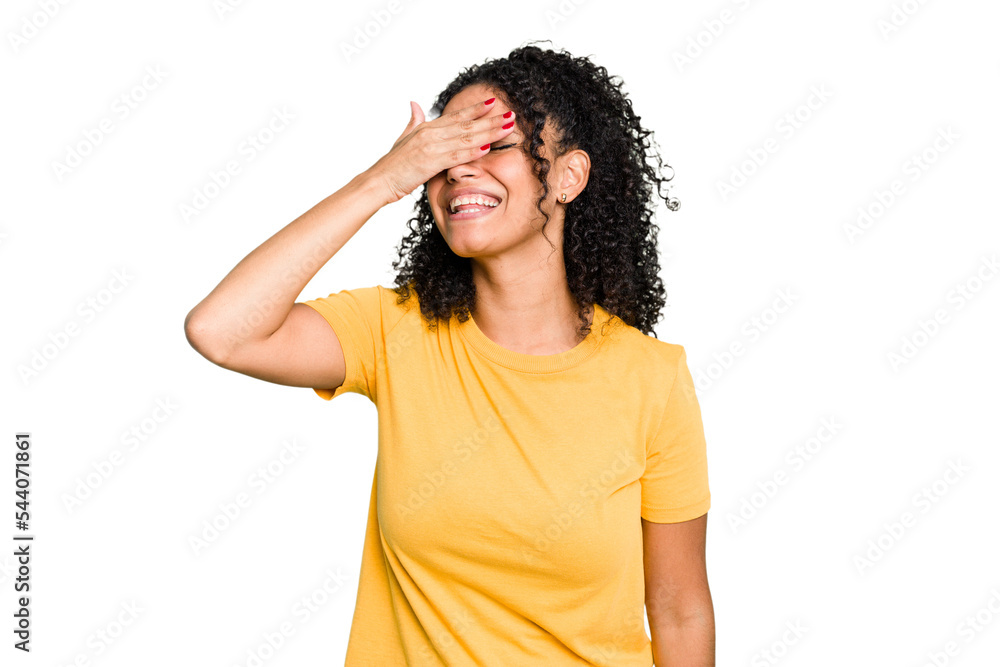 Young cute brazilian woman isolated covers eyes with hands, smiles broadly waiting for a surprise. Young cute brazilian woman isolated covers eyes with hands, smiles broadly waiting for a surprise.