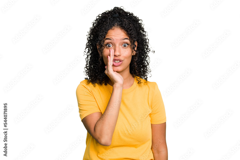 Young cute brazilian woman isolated is saying a secret hot braking news and looking aside Young cute brazilian woman isolated is saying a secret hot braking news and looking aside