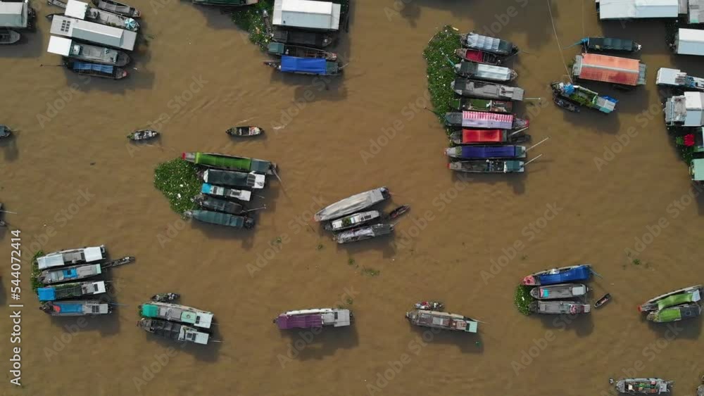 Ships and Boat Vendors on Cai Rang Can Tho Traditional Floating Market Drone Top Shot Ships and Boat Vendors on Cai Rang Can Tho Traditional Floating Market Drone Top Shot