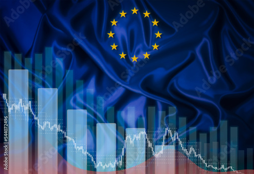 european union flag on the background of graphs and infographics. The concept of the crisis in Europe.