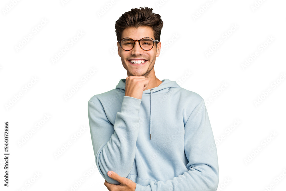 Young caucasian handsome man isolated smiling happy and confident, touching chin with hand. Young caucasian handsome man isolated smiling happy and confident, touching chin with hand.