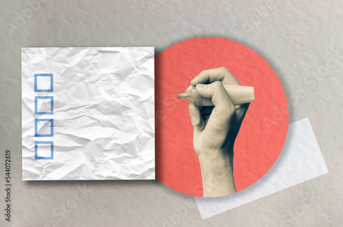 Checklist concept. Modern art collage. A hand holds a marker. Questionnaire layout. Retro style.
