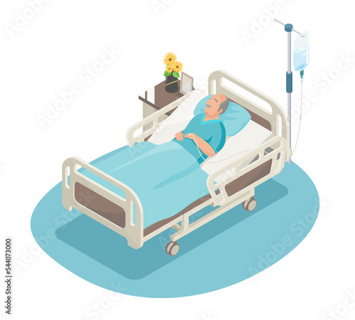 Elderly care bedridden patient concept old man sleep on hospital bed alone isometric
