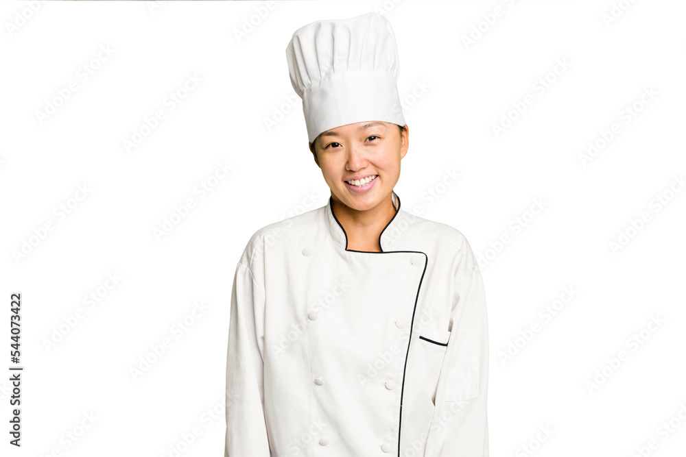 Young asian cook woman isolated happy, smiling and cheerful. Young asian cook woman isolated happy, smiling and cheerful.