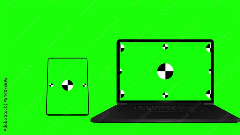 Laptop, tablet computer with green screens. 3D animation for