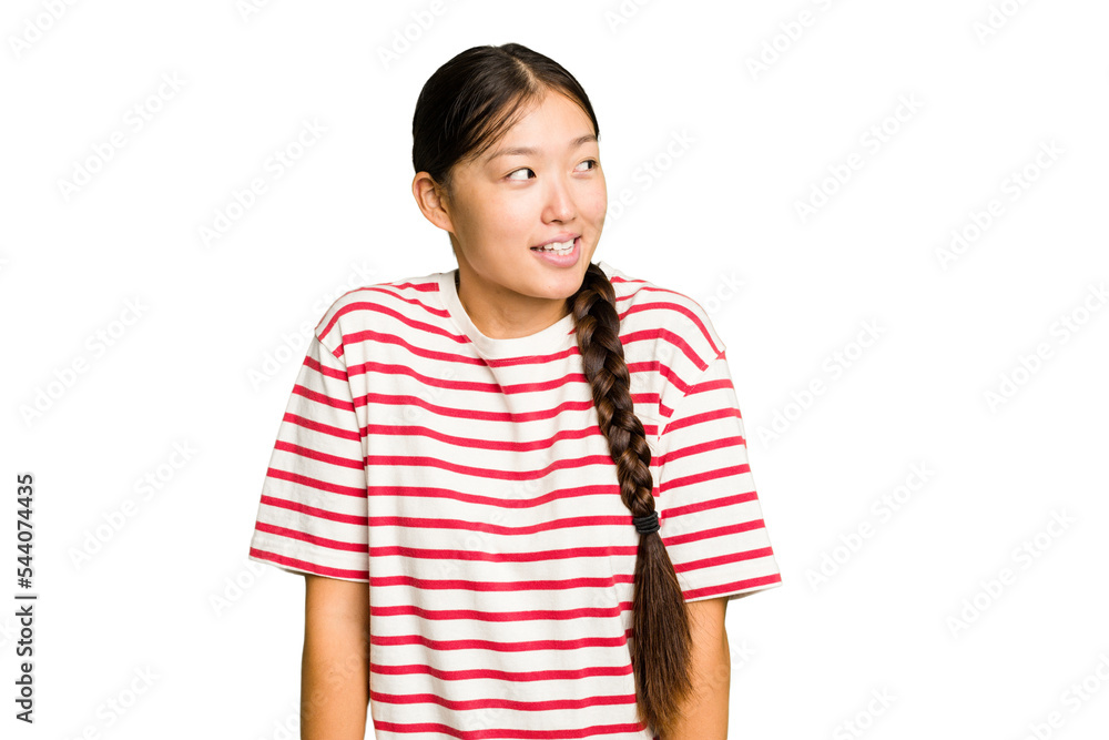 Young Asian woman isolated laughs and closes eyes, feels relaxed and happy. Young Asian woman isolated laughs and closes eyes, feels relaxed and happy.
