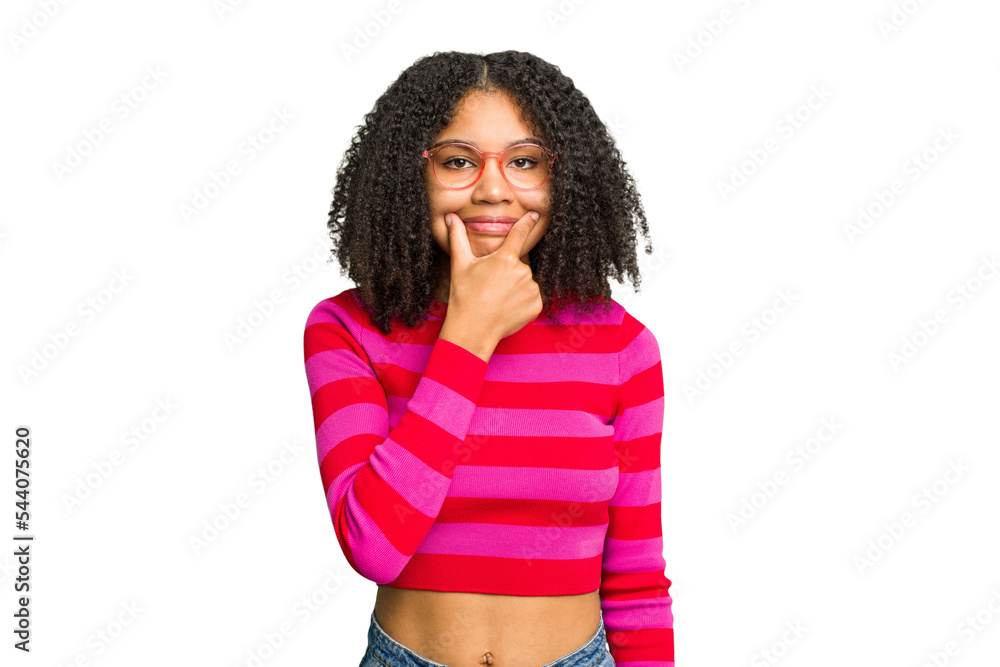Young african american woman isolated doubting between two options. Young african american woman isolated doubting between two options.