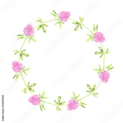 Fototapeta Naklejka Na Ścianę i Meble -  Round wreath of blooming clover. St.Patrick 's Day. Watercolor illustration. Isolated on a white background.For your design packages of seeds, goods for a garden, stickers, organic products, stickers