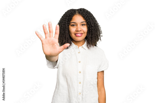 Young african american woman isolated smiling cheerful showing number five with fingers.