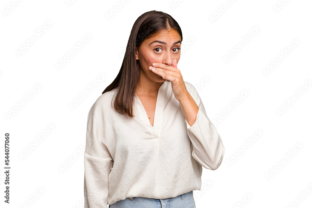 Young cute caucasian woman isolated covering mouth with hands looking worried. Young cute caucasian woman isolated covering mouth with hands looking worried.