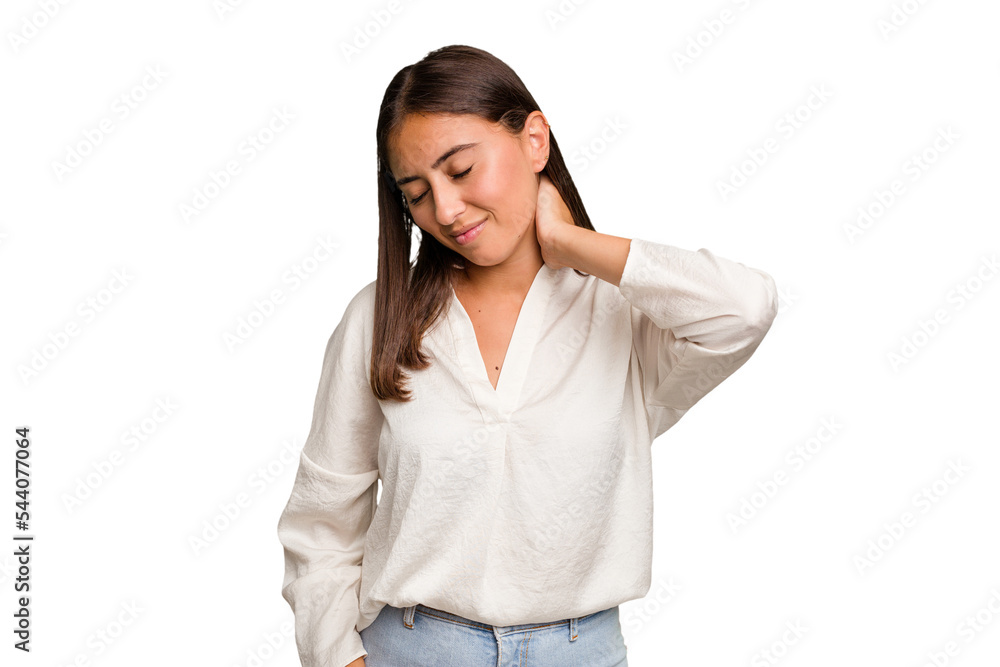 Young cute caucasian woman isolated having a neck pain due to stress, massaging and touching it with hand. Young cute caucasian woman isolated having a neck pain due to stress, massaging and touching it with hand.