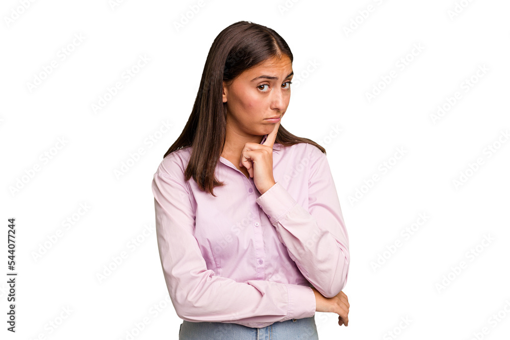 Young cute caucasian woman isolated contemplating, planning a strategy, thinking about the way of a business. Young cute caucasian woman isolated contemplating, planning a strategy, thinking about the way of a business.