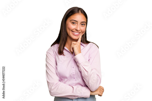 Young cute caucasian woman isolated smiling happy and confident, touching chin with hand.