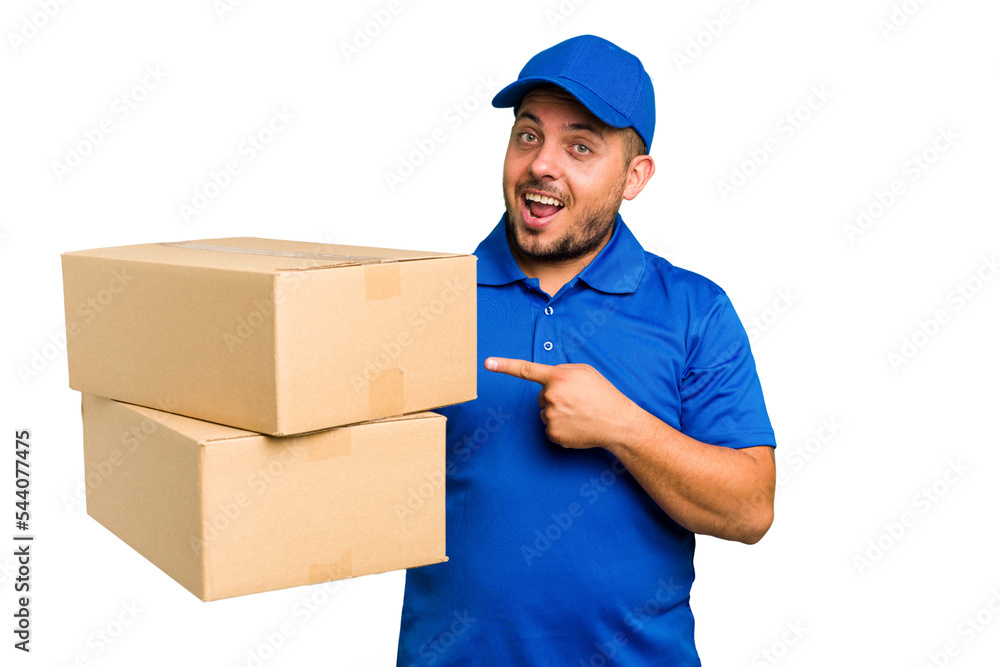 Delivery caucasian man isolated pointing to the side Delivery caucasian man isolated pointing to the side