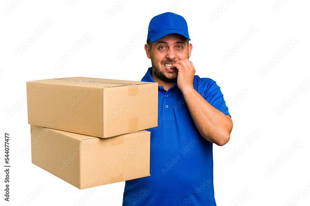 Delivery caucasian man isolated biting fingernails, nervous and very anxious. Delivery caucasian man isolated biting fingernails, nervous and very anxious.