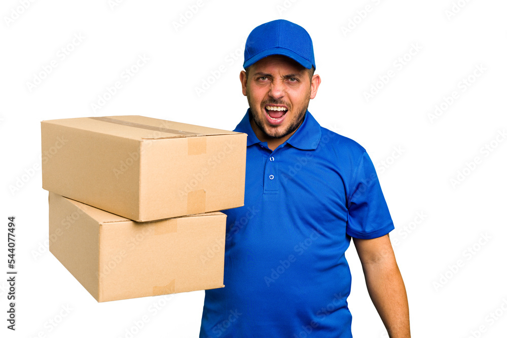 Delivery caucasian man isolated screaming very angry and aggressive. Delivery caucasian man isolated screaming very angry and aggressive.