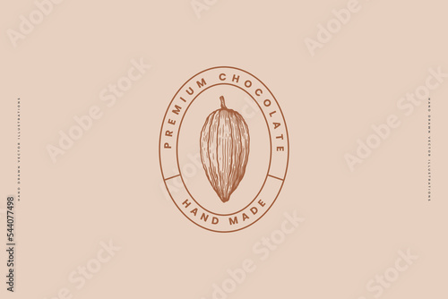 Cocoa-bean logo template for chocolate shop or cafe in engraving style. Emblem with cocoa fruit for your design. Concept of organic products. Vintage vector illustration on isolated background.