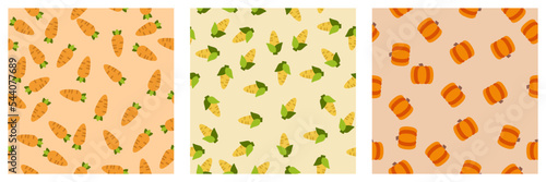 Vegetable seamless pattern set. Carrot, corn and pumpkin. Design elements for baby textile or clothes. Food print for curtain. Vector illustration