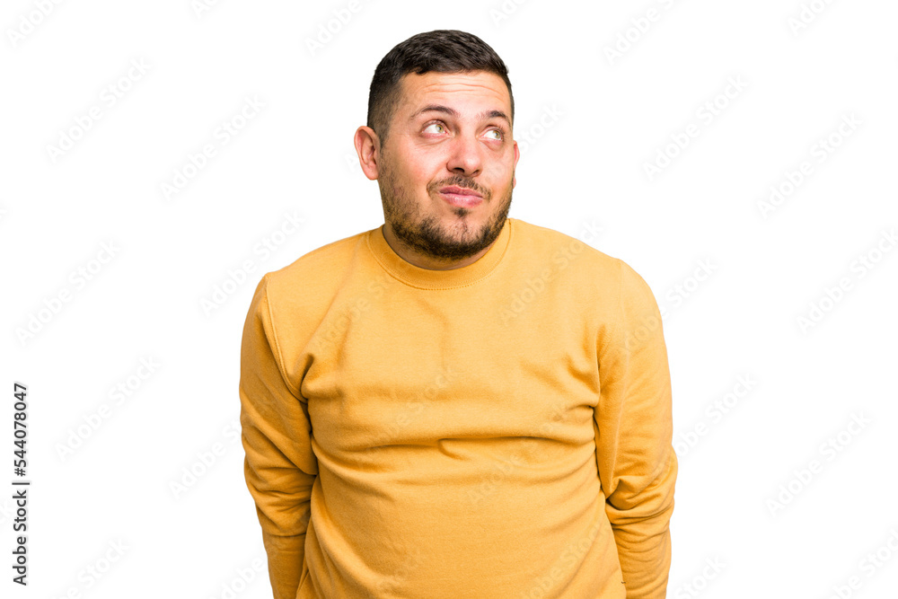 Young caucasian man isolated laughs and closes eyes, feels relaxed and happy. Young caucasian man isolated laughs and closes eyes, feels relaxed and happy.