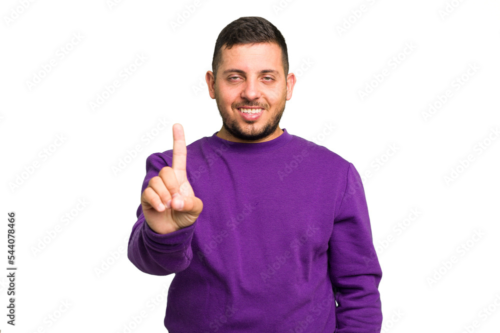 Young caucasian man isolated showing number one with finger. Young caucasian man isolated showing number one with finger.