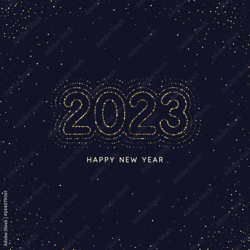 Background with the inscription Happy New Year 2023. Poster with gold particles on a black background. Background with the inscription Happy New Year 2023. Poster with gold particles on a black background.