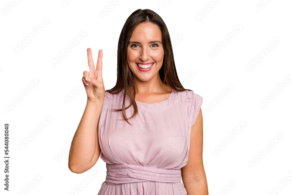 Young caucasian cute woman isolated showing victory sign and smiling broadly. Young caucasian cute woman isolated showing victory sign and smiling broadly.