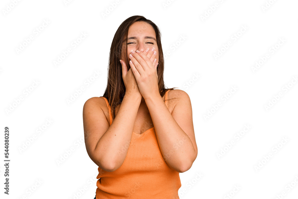 Young caucasian cute woman isolated laughing about something, covering mouth with hands. Young caucasian cute woman isolated laughing about something, covering mouth with hands.