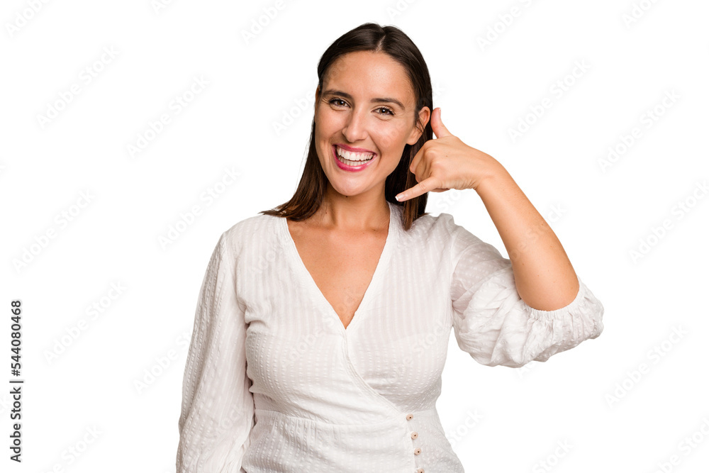 Young caucasian cute woman isolated showing a mobile phone call gesture with fingers. Young caucasian cute woman isolated showing a mobile phone call gesture with fingers.