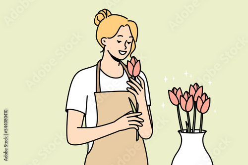 Smiling woman in apron with flowers in shop. Happy female florist working with roses composition in floral shop. Vector illustration. 